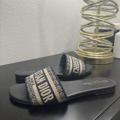 Christian Dior Dway Slide Sandal Embroidered Logo Navy 37.5