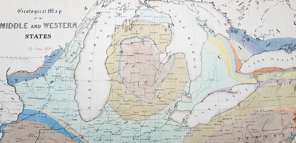 Mapa geológico antiguo grande de James Hall de 1843 de los Estados Americanos, Grandes Lagos Foto 2 de 4