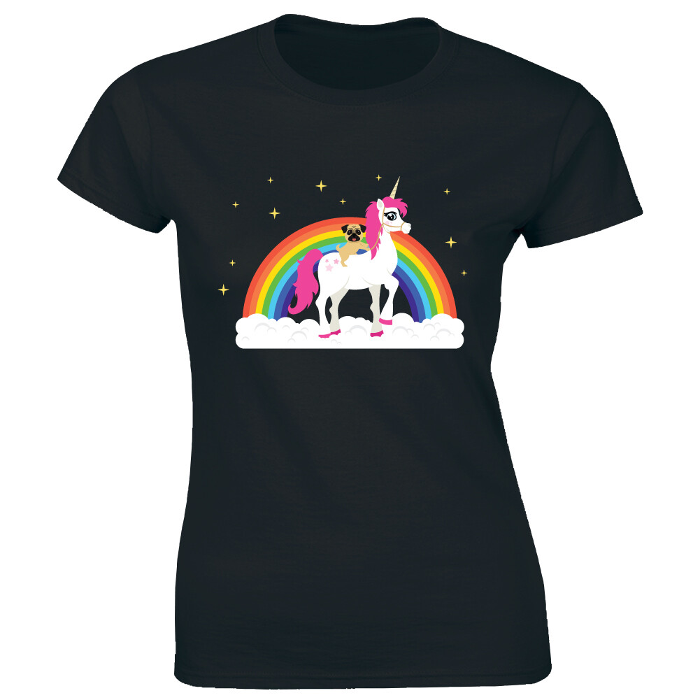 Cute Unicorn and Pug with Rainbow Women's T-Shirt Majestic Animal