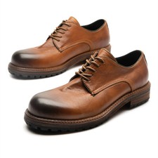 Retro Style Round Toe Formal Dress Mens Lace Up Real Leather Work Shoes Business