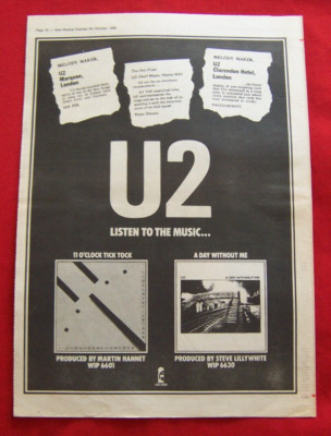 U2 11 O'CLOCK TICK TOCK A DAY WITHOUT ME 1980 ORIGINAL VINTAGE PRESS ADVERT