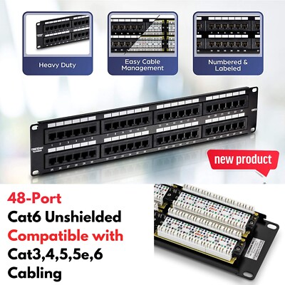 48-Port Cat6/RJ45 Patch Panel Wall/Rack Mount for Gigabit Ethernet Home Network