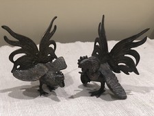 Pair Metal Fighting Cocks Roosters Chickens Figurines Statues Vintage