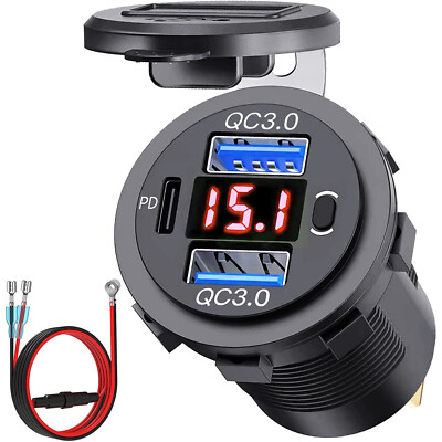 QC 3.0 Dual USB Car Fast Charger Socket Power Outlet 12V LED Voltmeter BOAT CAR 