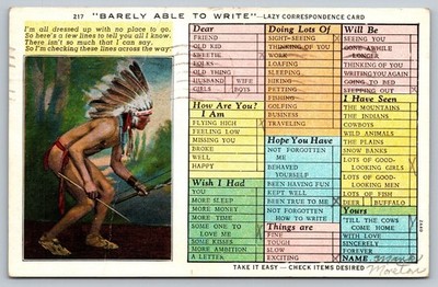 Vintage 'Barely Able to Write' Native American Postcard Sanborn Co.