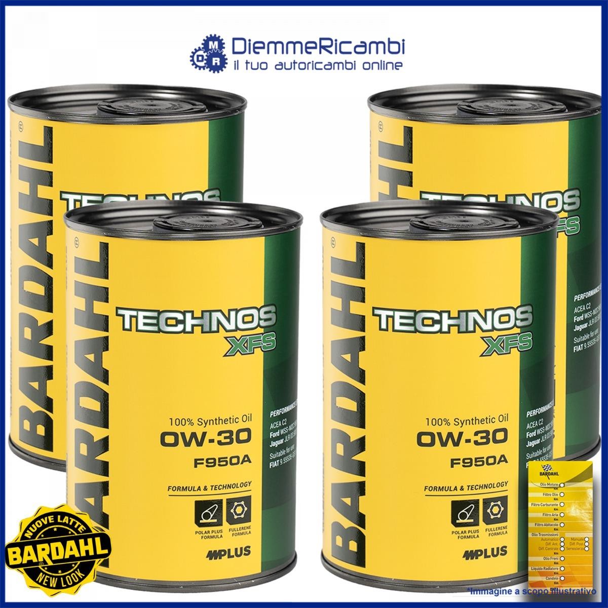 Kit 4 LT OLIO MOTORE BARDAHL TECHNOS XFS F950A 0W30 + Tagliando Adesivo 3lt