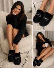 Juicy Couture JC-Kisses 2 Womens Slippers Size L 9-10 Black Rhinestone Fur EUC