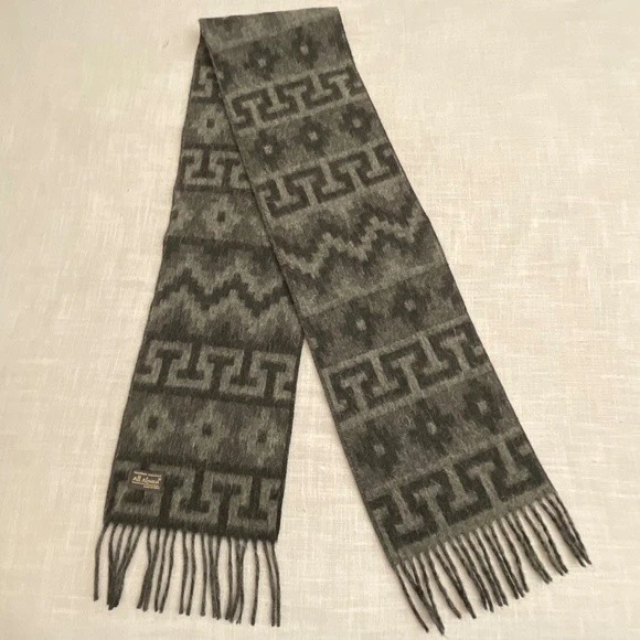 Alpaca Scarf Geometric Design Black Grey Fringed Unisex 9”x72” NWOT