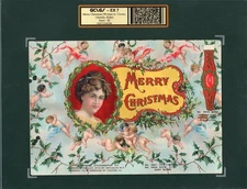 EX RARE Old Original MERRY CHRISTMAS Sample Cigar Label - QUEEN - WINGED CHERUBS