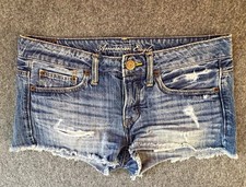 American Eagle Button Fly Denim Shorts Womens Size 2 Distressed Cut Off Hem Blue