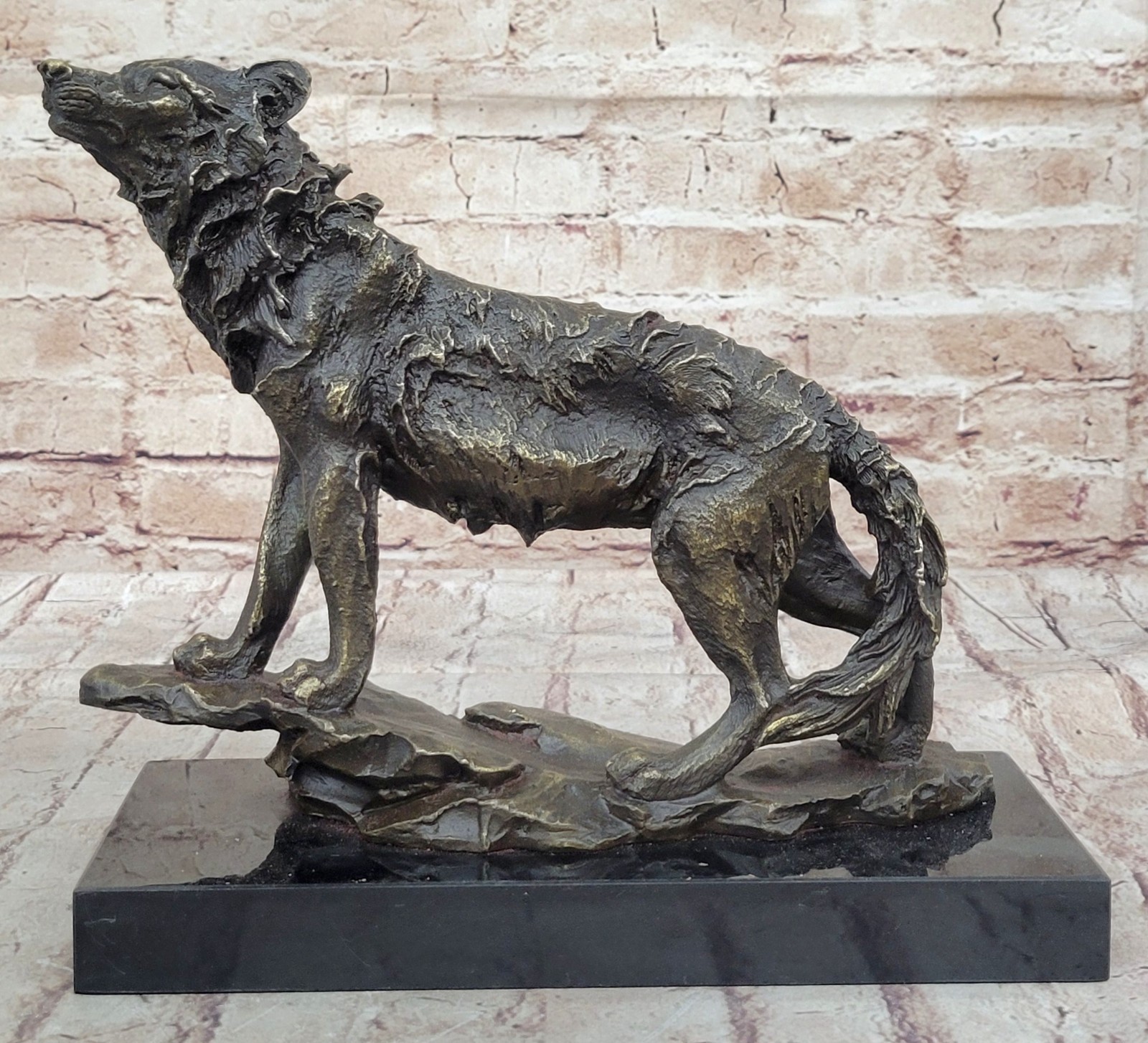 Vintage Patinated Bronze 14 LBS Figurine of a Wolf on Lookout Hot Cast NR