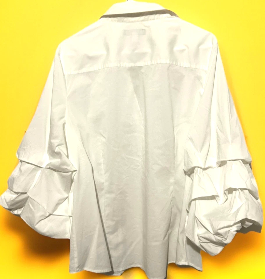 Camisa Inc XL Blanca Abotonada Algodón Volantes Manga Globo Top Blusa Elastizada Foto 4 de 4