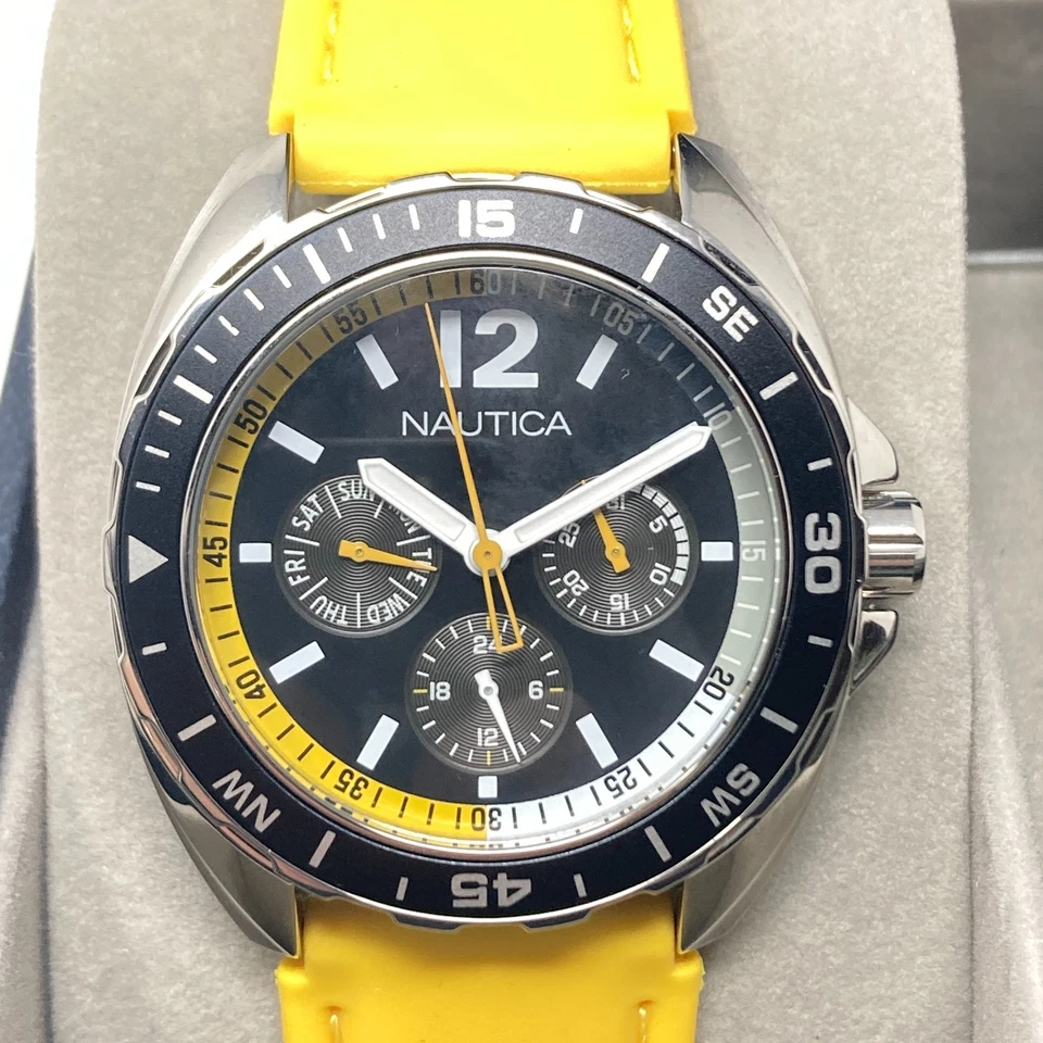 Nautica Watch Men 39mm Silver Tone Day Date Yellow Band w/Box New Battery 9" - Image 2 of 4