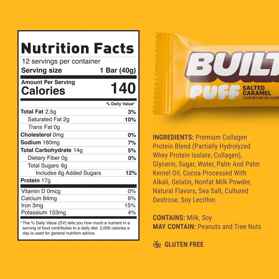 Puff Built Bar Protein Bar 17g Gluten-Free, Salted Caramel, 12-Pack - Image 3 of 3
