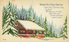 Postcard Snow House Trees Wishing You a Merry Christmas