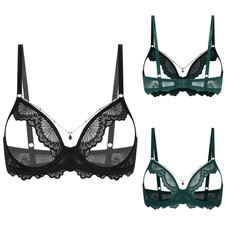 UK Womens Floral Lace Sexy Cage Bra Exposed Nipple Underwire Bra Tops with Chain