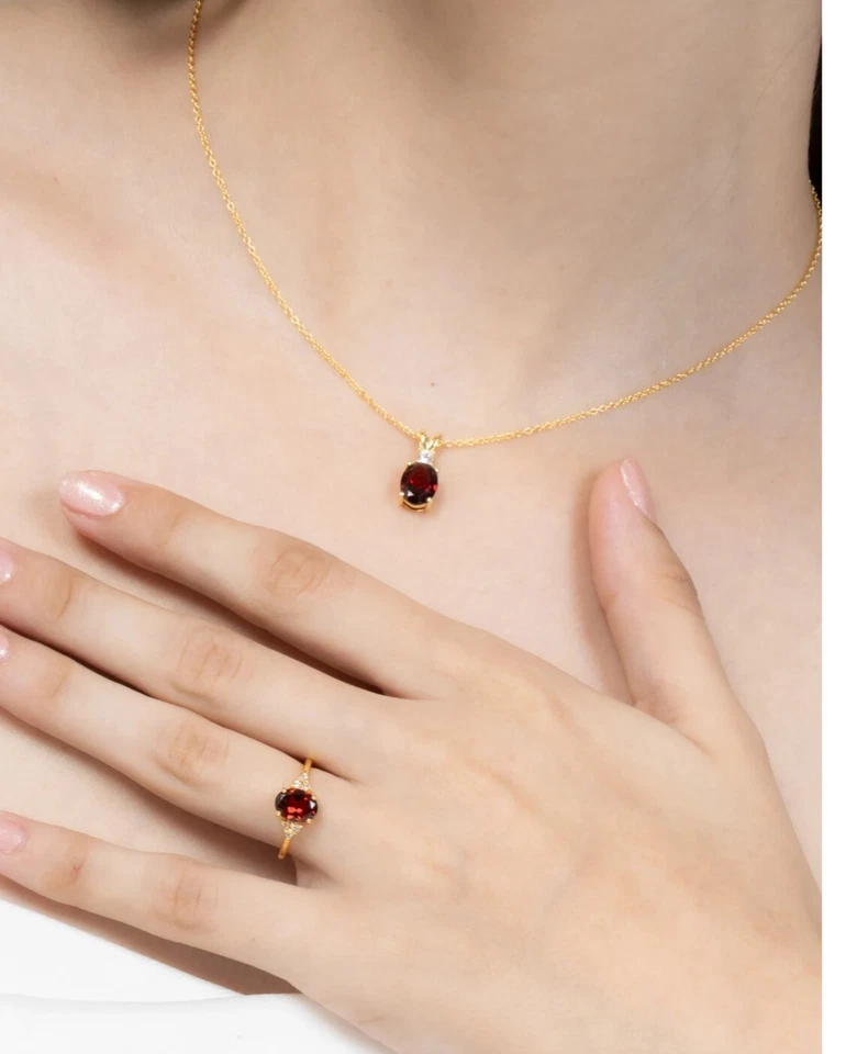 3CT Oval Cut Lab-Created Red Ruby Charm Pendant Ring Set 14K Yellow Gold Plated - Image 2 of 4