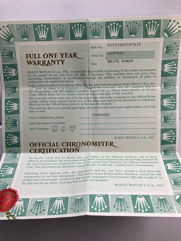 ROLEX Oyster Perpetual Date 15210 A Serial 1999 Garanzia Garanzia JP MG01 1.0 - Immagine 2 di 3