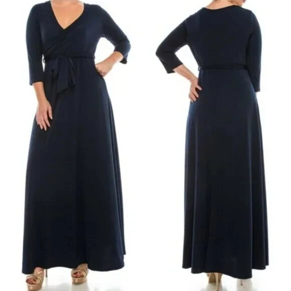 Maxi Vestido Janette Moda Azul Marino Sólido Imitación Envolvente Talla Plussa Foto 3 de 3