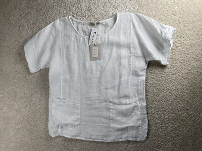Francesca Bettini Linen Top Womens L White Coastal Lagenlook Pocket Italy NEW