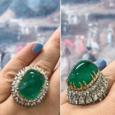 925 Sterling Silver 30ct Green Cabochon & Pear Cut CZ Up Down Style Women's Ring