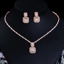 Yellow Gold Plated Baguette CZ Bridal Square Drop Necklace Earrings Jewelry Set