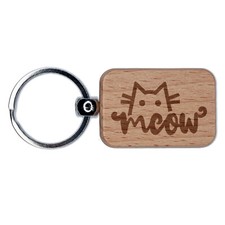 Shy Peeking Cat Meow Engraved Wood Rectangle Keychain Tag Charm