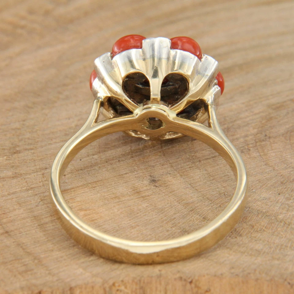 Bague en OR Jaune 14 Carats k CORAIL Cabochon et DIAMANT style Ancienne Femme - Photo 4/4