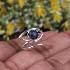 Natural Lapis Lazuli Evil Eye Ring Solid 925 Silver Adjustable Ring Jewelry