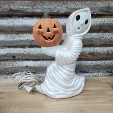 Vtg Ceramic Light Up Running Ghost with Jack O Lantern Pumpkin 12" RARE