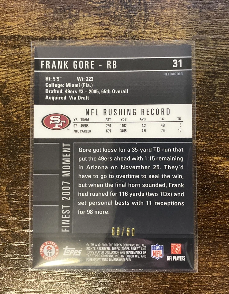 2008 Topps Finest Frank Gore Gold Refractor /50 #31 49ers - Image 2 of 2