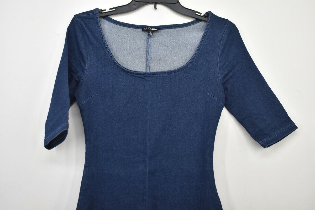Fashion Nova Women Blue Long Sleeve Square Neck Denim Casual Bodycon Dress  S | eBay
