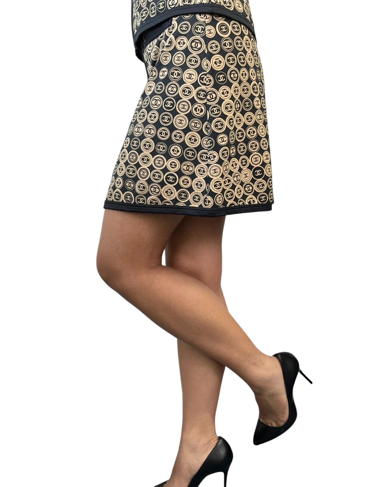 CHANEL Vintage 03P CC Logo Medaglione Top Gonna Set #38 Nero Marrone Nylon Zip