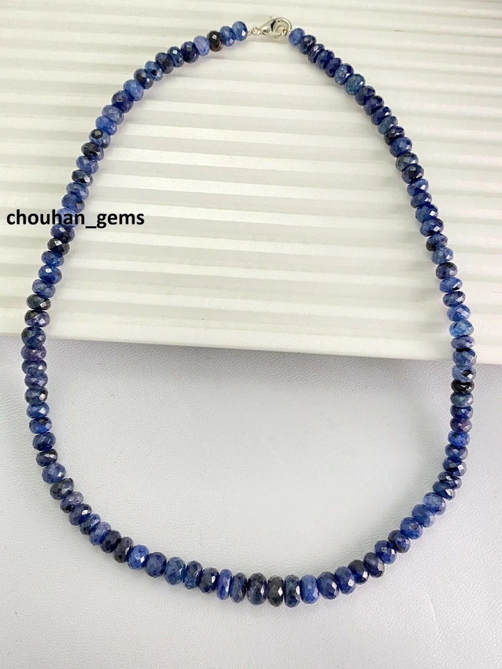 Collana in argento sterling 925 zaffiro blu pietre preziose perline rondelle ... - Immagine 4 di 4