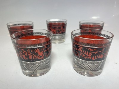 Set of 5 Red And Black Palmtrees & Birds Whisky Glasses Vintage Glassware
