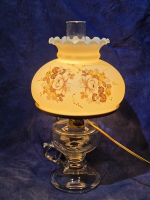 Vintage GWTW Hurricane Lamp 15'' Hand Painted Milk Glass 7'' Shade Clear Base WORK