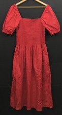 NEW Madewell Cerise Red Smocked Puff Sleeve Midi Dress in Poplin Women's L