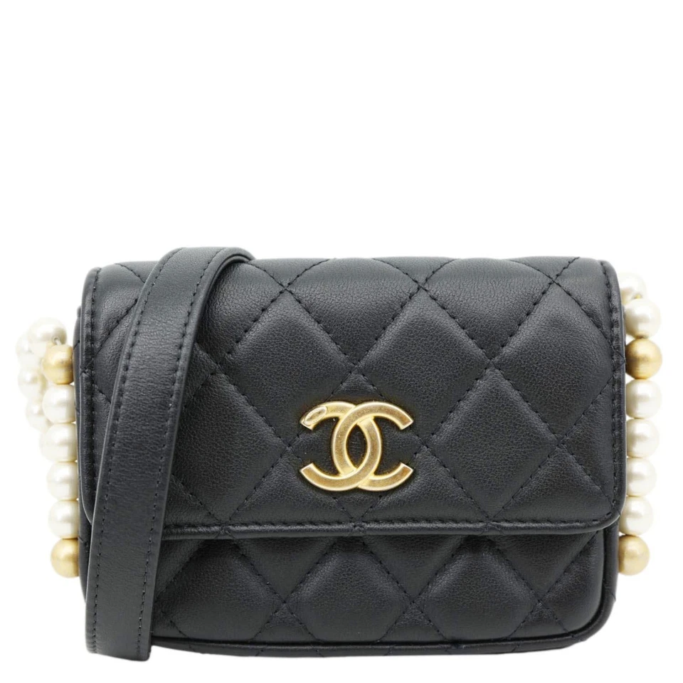 CHANEL Flap Pearls Strap Quilted Calfskin Leather Card Holder Black
