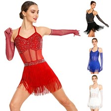 Womens Dancewear Ballroom Bodysuit Nightclub Dress Ballet Sheer Stage Gloves