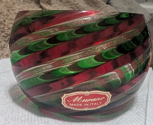 Vintage Murano Art Glass Mini Bowl - Red Green Aventurine Gold Fleck - Italy MCM