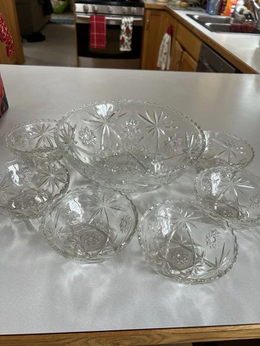 Vintage Anchor Hocking Star of David Serving/Salad Bowl W/6Ind Bowls EUC