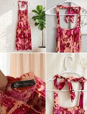 Prettygarden Pink/Red Floral Smocked Square Neck Tie-Shoulder Maxi Dress M