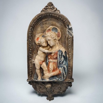 Französisches Gips Madonna und Kind Wandrelief polychrom religiöse Plakette 30 cm