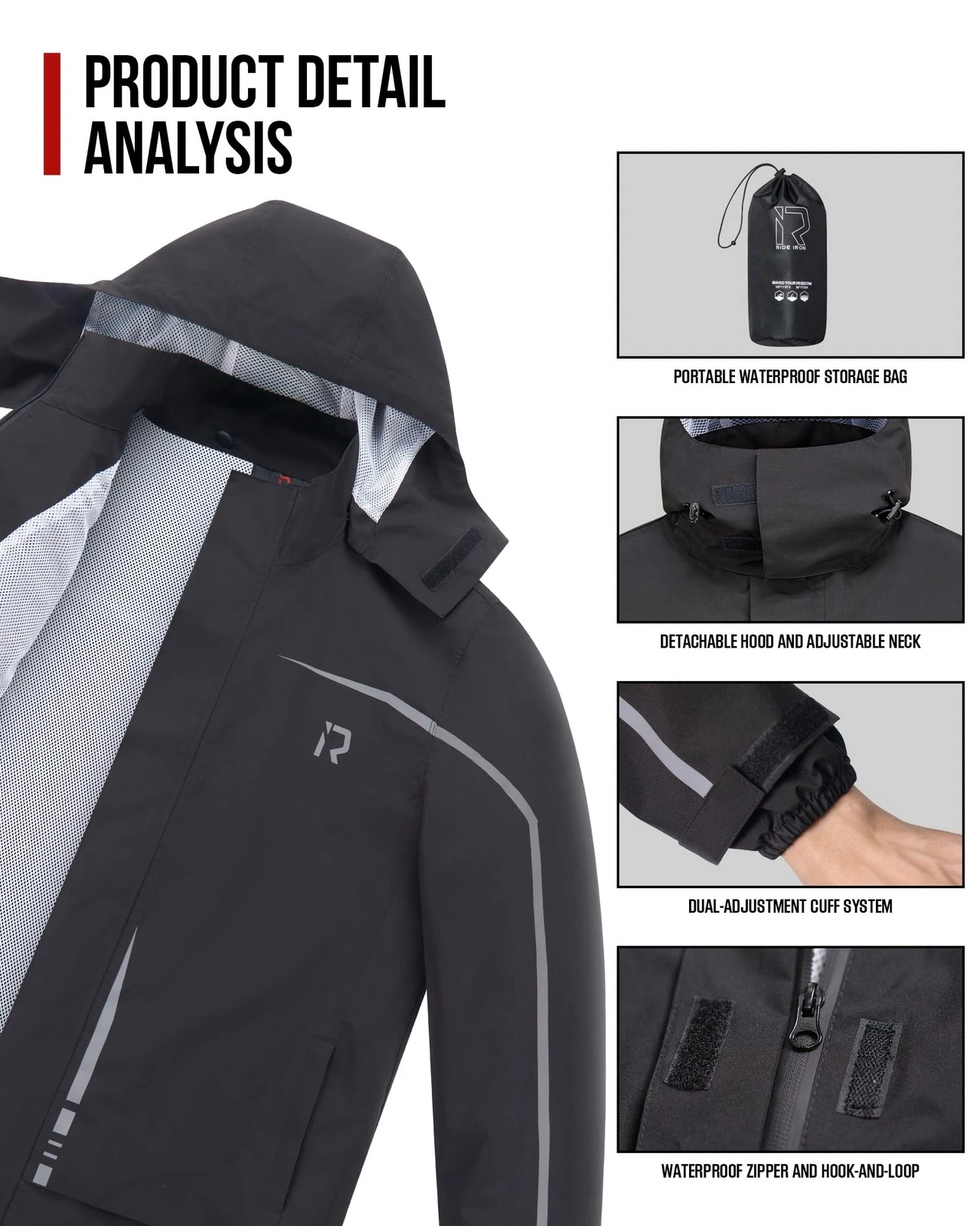 RIDEIRON Motorcycle Rain Gear for Men & Women, Waterproof Rain Suit - product detail image 4