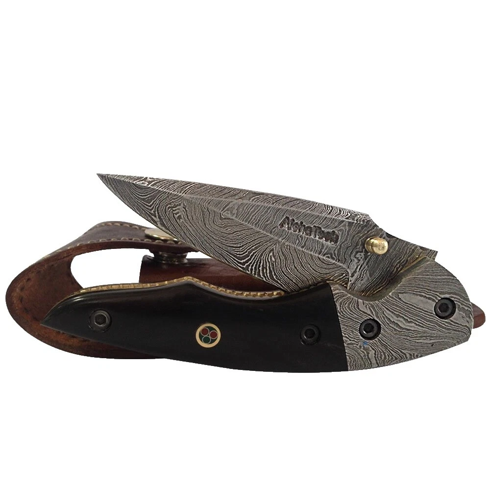Damascus Steel Blade Drop Point Horn Handle Collectible Modern Custom & Handmade Folding Knives