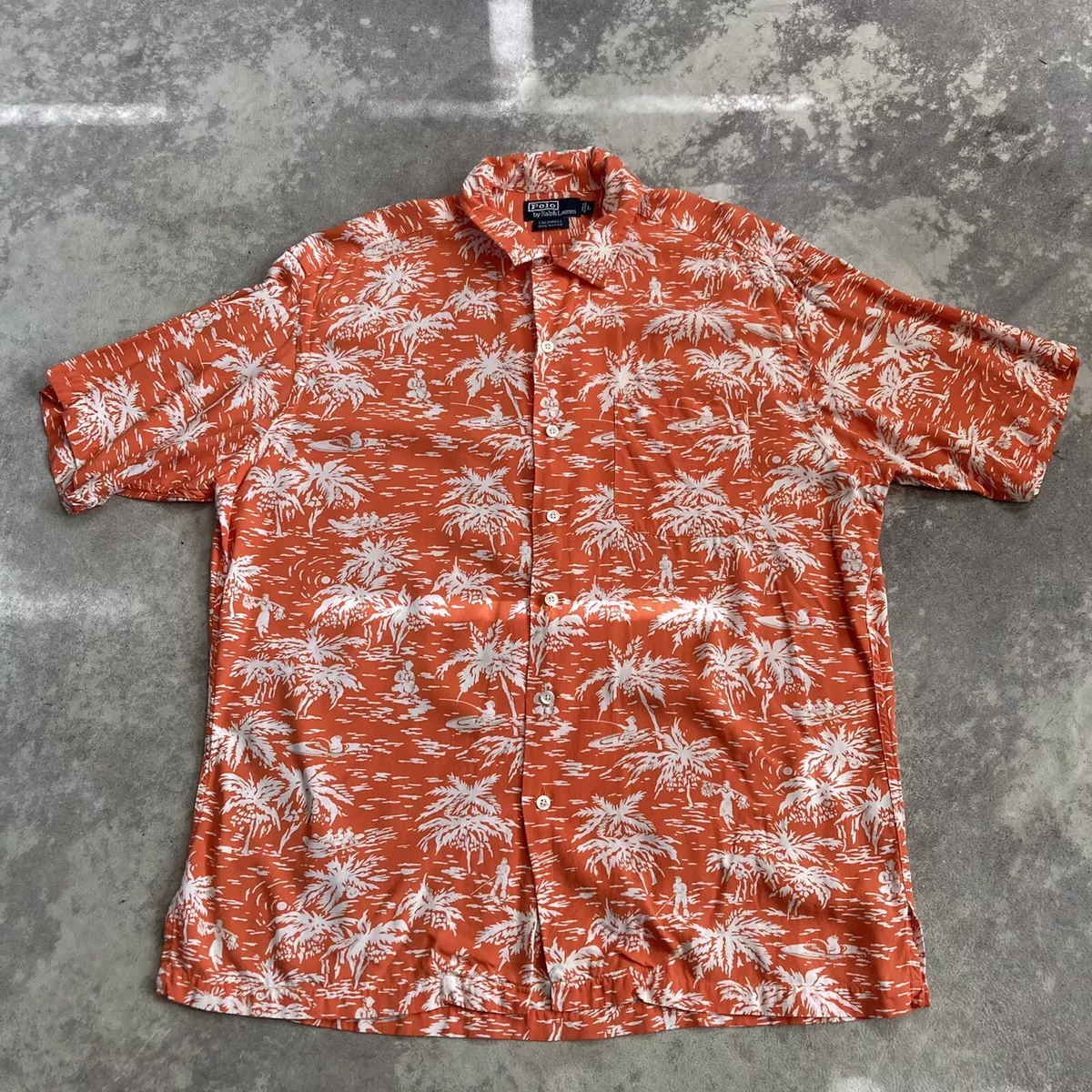 Polo Ralph Lauren Hawaiian Shirt Large Caldwell Rayon Palm Tree Print Orange