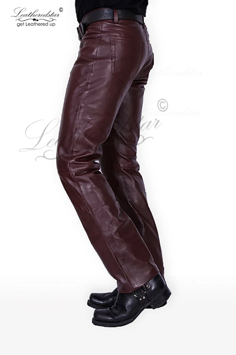 Burgundy leather jeans pant 501 style classic fit, fits over cowboy boots R  44