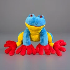 2011 Toys R Us Tree Frog Plush Bright Blue Yellow Red Feet SOFT 10” x 18" wide