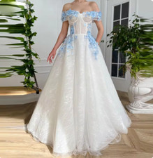 White Sequin Lace Wedding Dresses Fairy Off the Shoulder Sleeves Light Blue