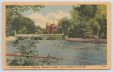 Linen~Air View Truckee River Bridge Wingfield Park Reno Nevada~Vintage Postcard